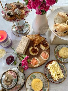 Essence of Cake afternoon tea crockery cutlery hire cake finger sandwiches cupcakes scones cream jam scented candle